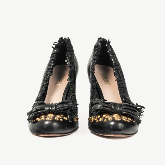 Miu Miu Black Leather Fringe-Trim Studded Bow Heels - Picture 2 of 8